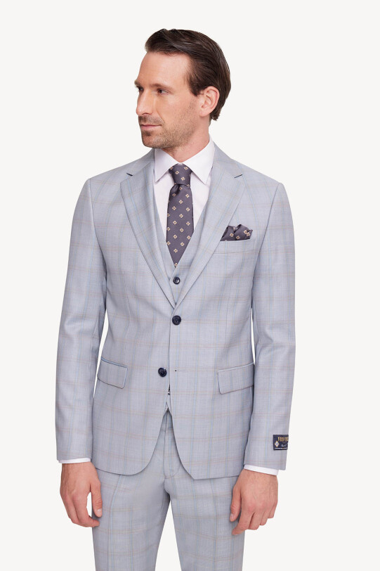 Erkek Gri Mavi Slim Fit Mono Yaka Yelekli Takım Elbise