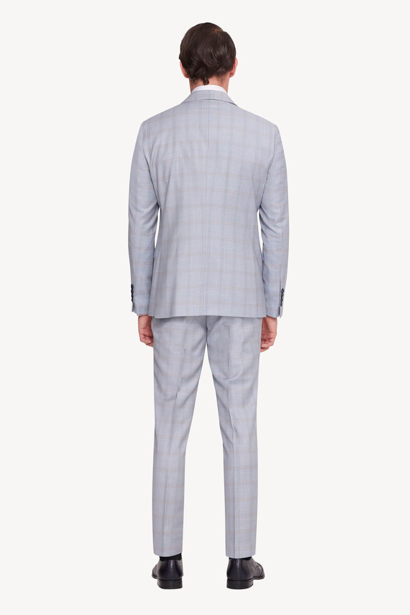 Erkek Gri Mavi Slim Fit Mono Yaka Yelekli Takım Elbise - 4