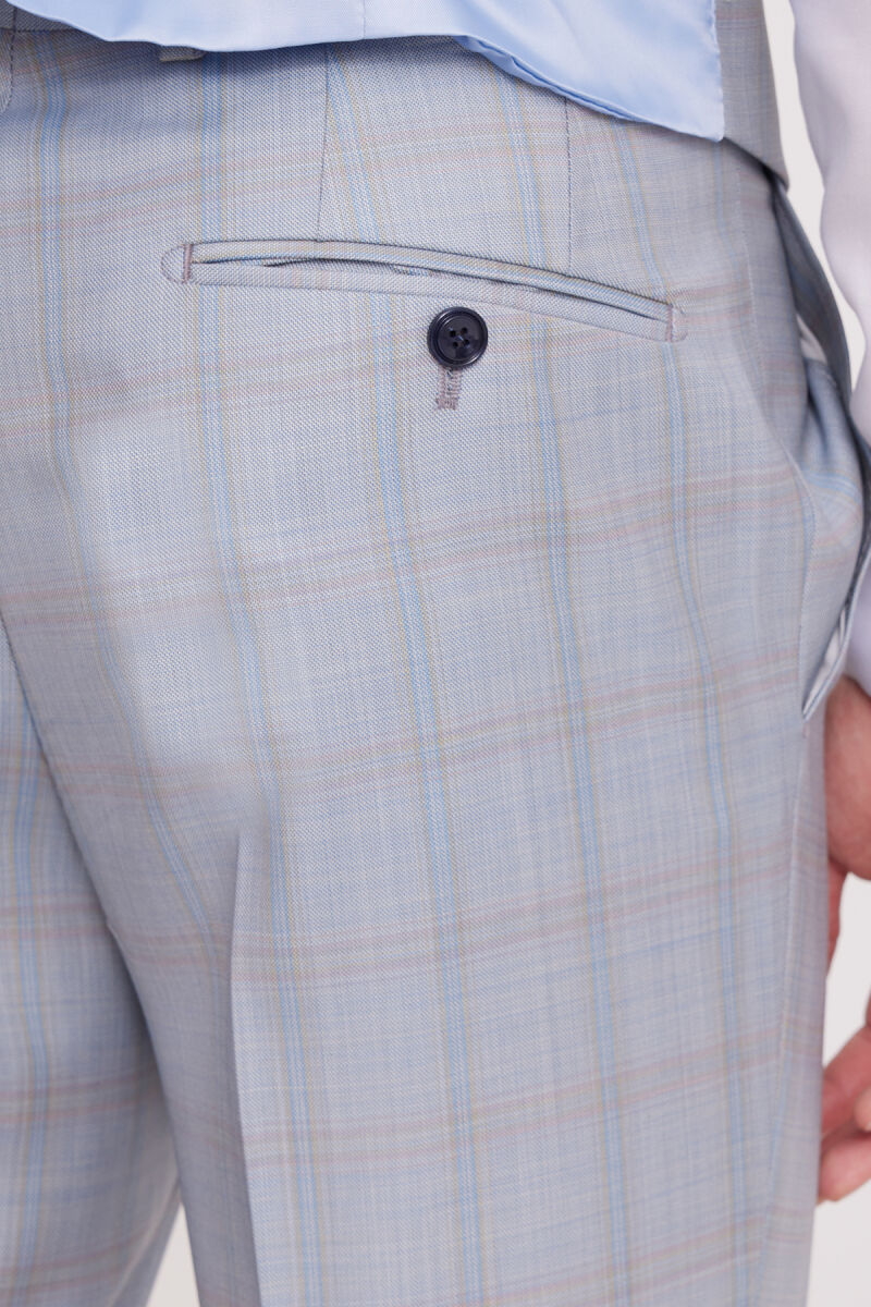 Erkek Gri Mavi Slim Fit Mono Yaka Yelekli Takım Elbise - 5