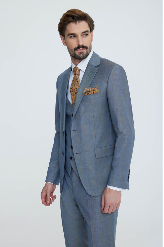 Erkek Gri Mavi Slim Fit Yelekli Takım Elbise