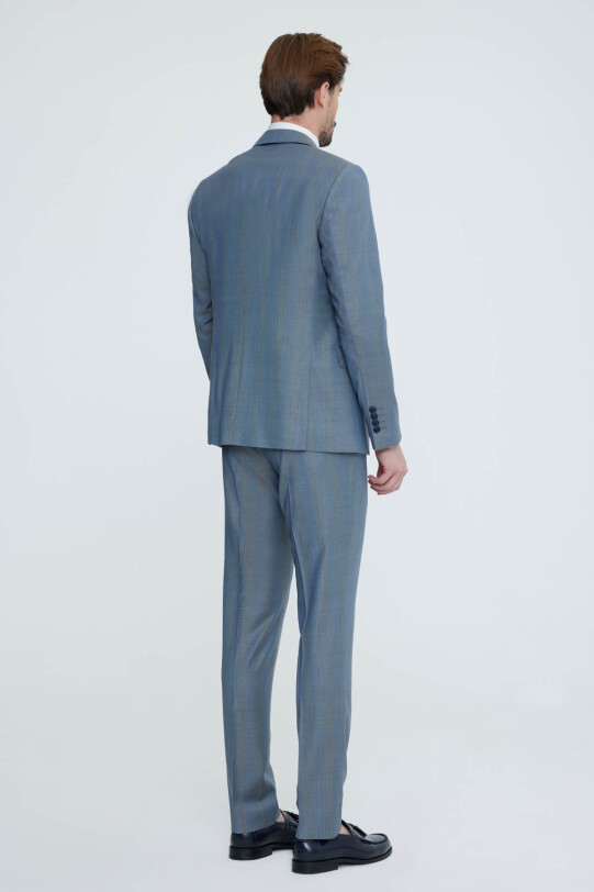 Erkek Gri Mavi Slim Fit Yelekli Takım Elbise