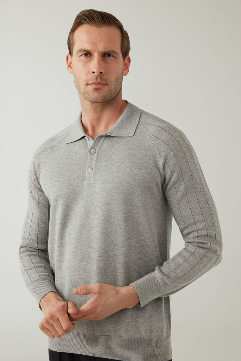 Erkek Gri Pamuklu Polo Yaka Triko - 5