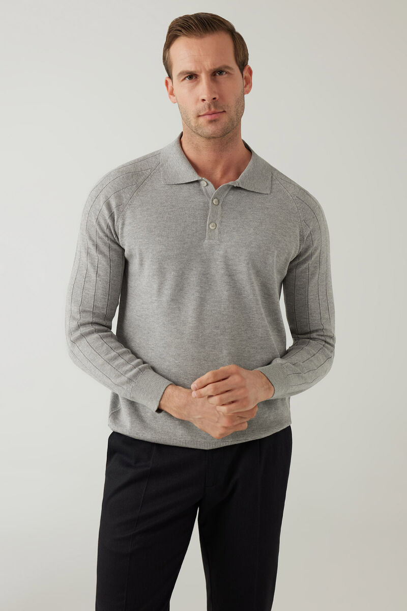 Erkek Gri Pamuklu Polo Yaka Triko - 6