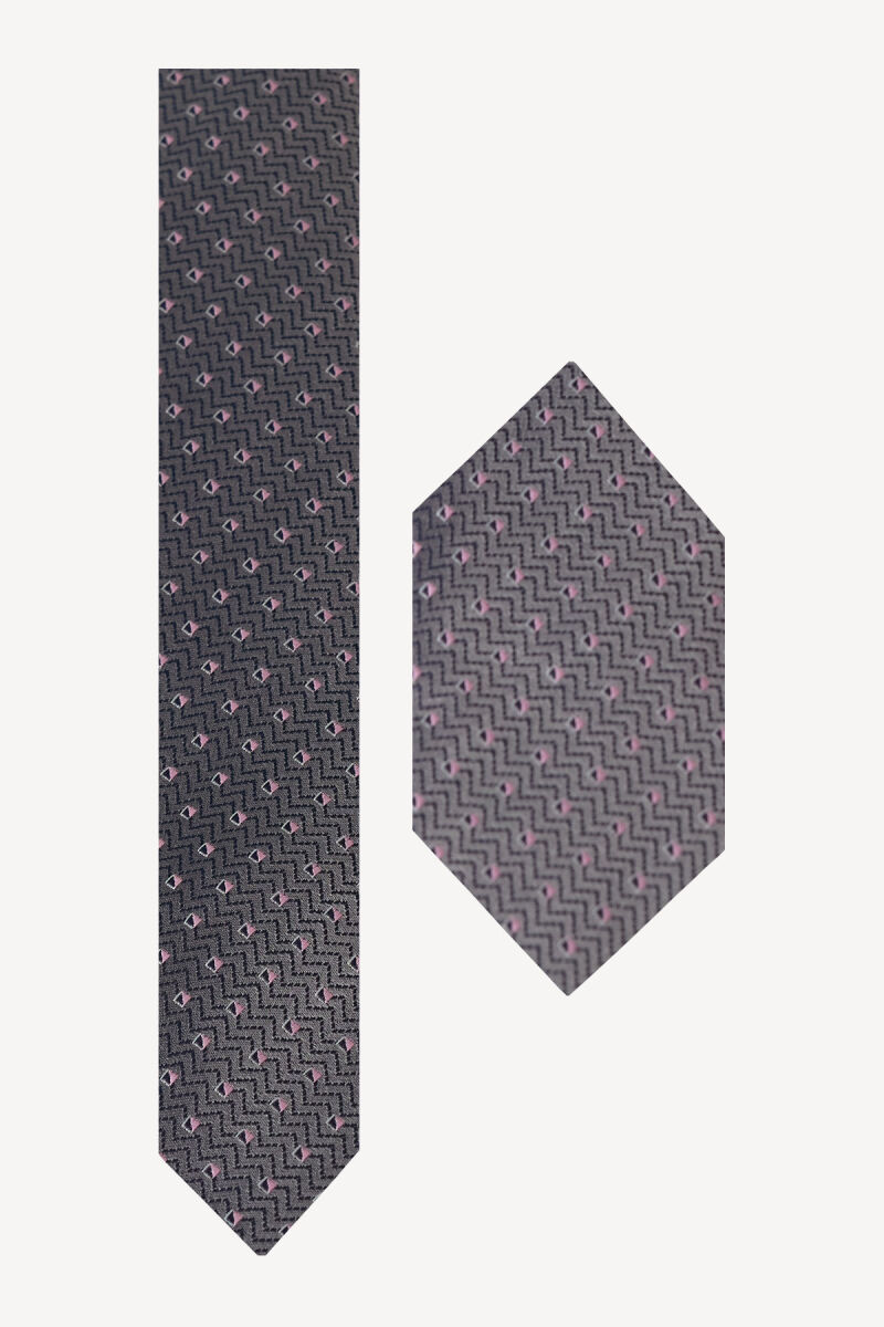 Erkek Gri Pembe Desenli Kravat Mendilli Set - 1