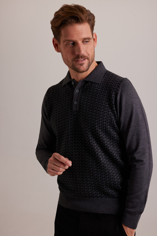 Erkek Gri Polo Yaka Desenli Triko