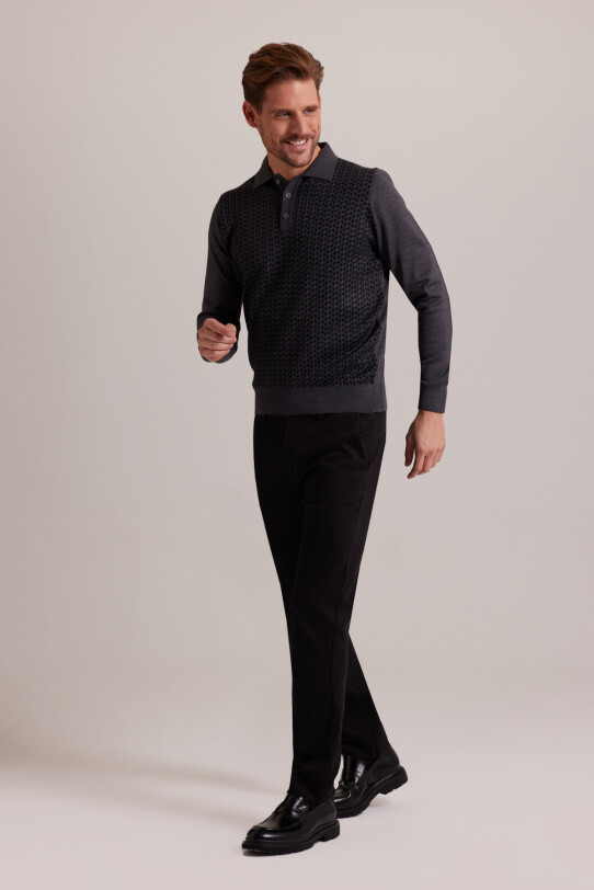 Erkek Gri Polo Yaka Desenli Triko