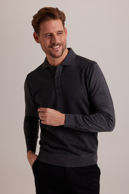 Erkek Gri Polo Yaka Desenli Triko