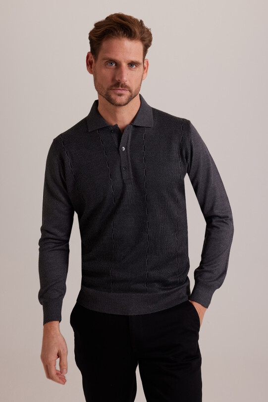 Erkek Gri Polo Yaka Desenli Triko