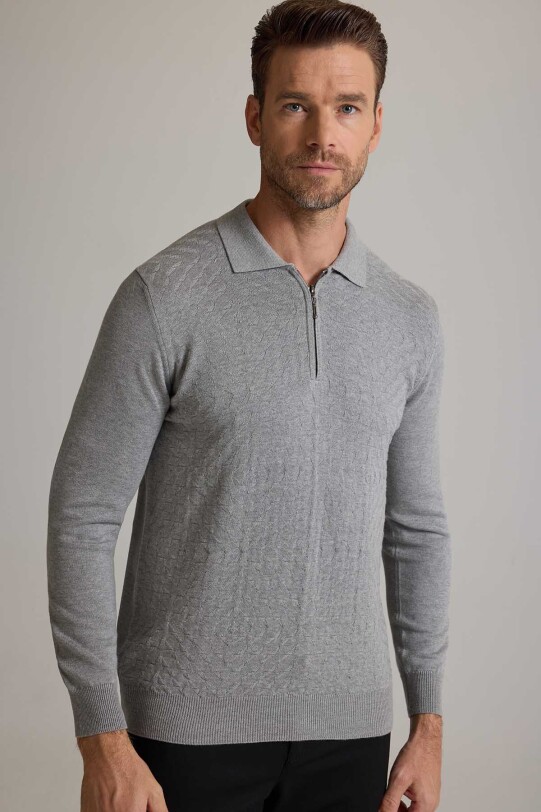 Erkek Gri Polo Yaka Fermuarlı Triko