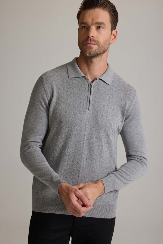 Erkek Gri Polo Yaka Fermuarlı Triko