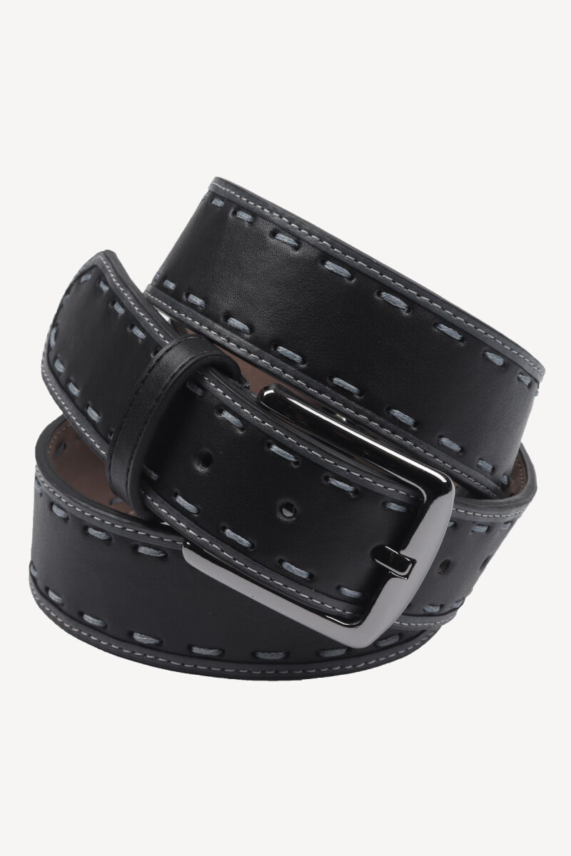 Erkek Gri Punto Dikişli Spor Deri Kemer - 1