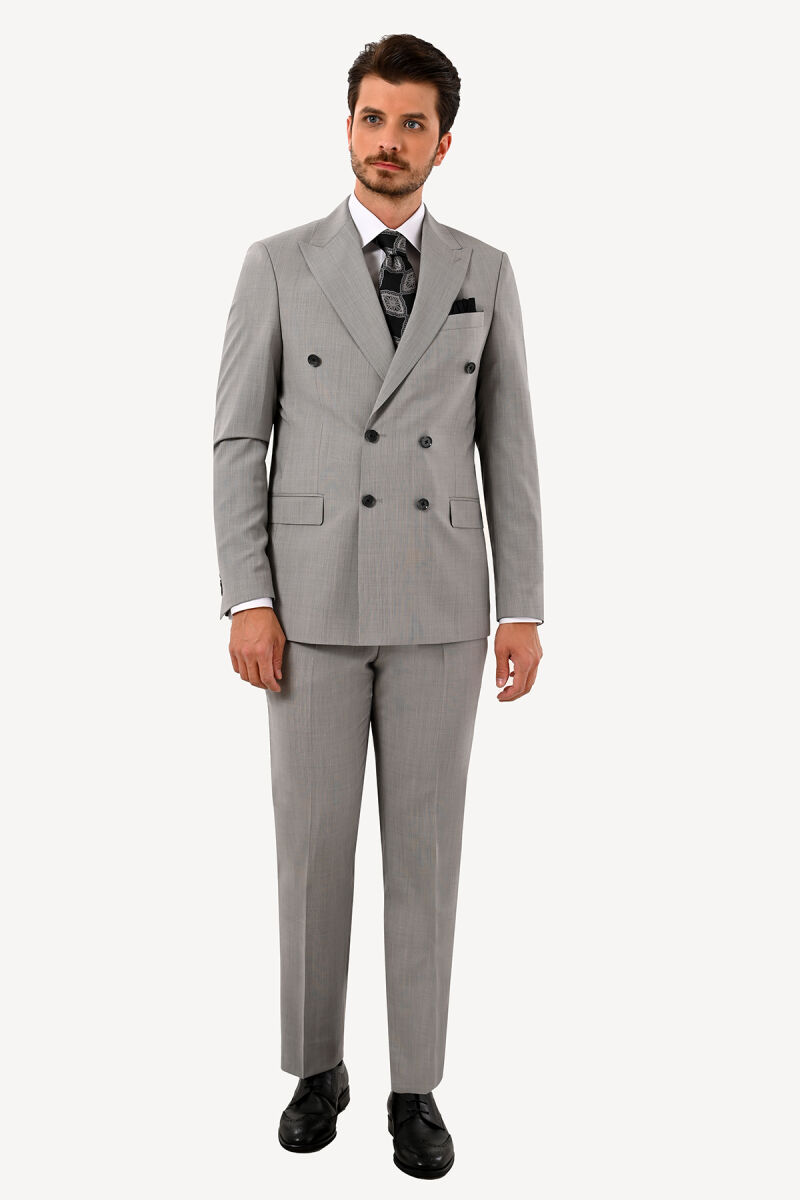 Erkek Gri Regular Fit %100 Yün Kruvaze Takım Elbise - 1