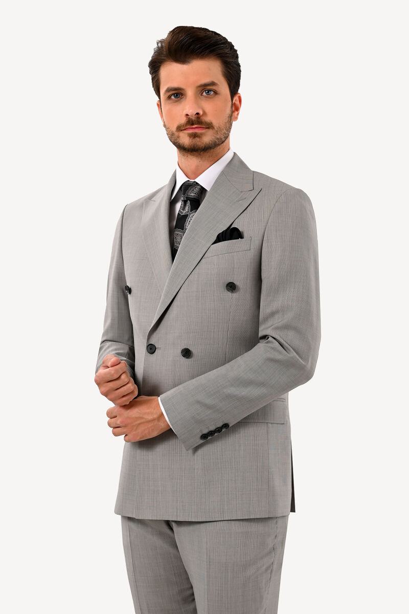 Erkek Gri Regular Fit %100 Yün Kruvaze Takım Elbise - 2