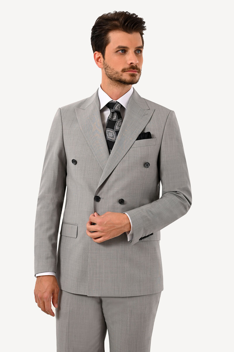 Erkek Gri Regular Fit %100 Yün Kruvaze Takım Elbise - 3