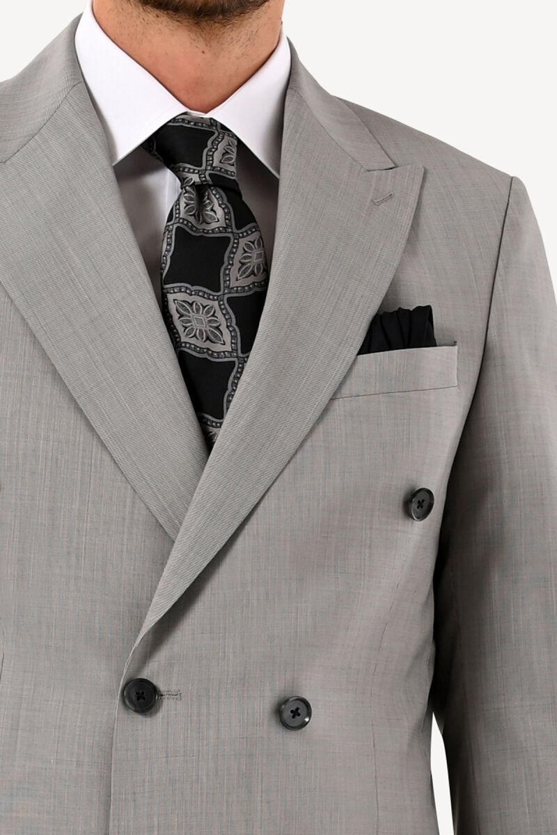 Erkek Gri Regular Fit %100 Yün Kruvaze Takım Elbise - 4