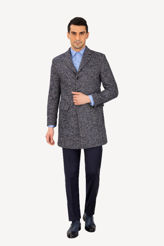 Erkek Gri Regular Fit Balık Sırtı Desenli Palto