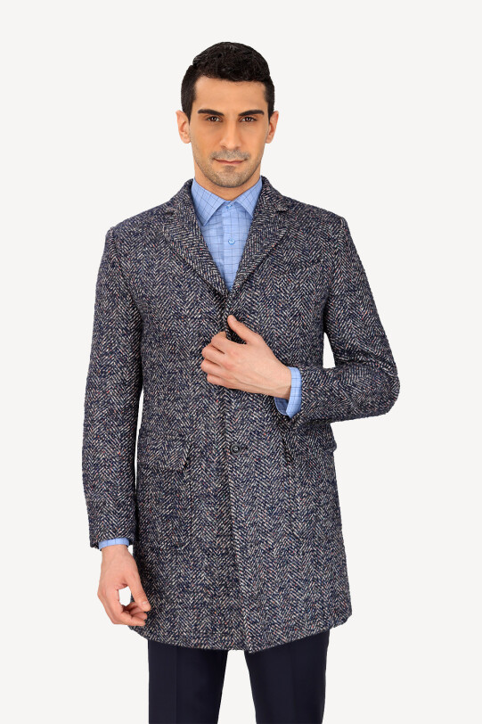 Erkek Gri Regular Fit Balık Sırtı Desenli Palto