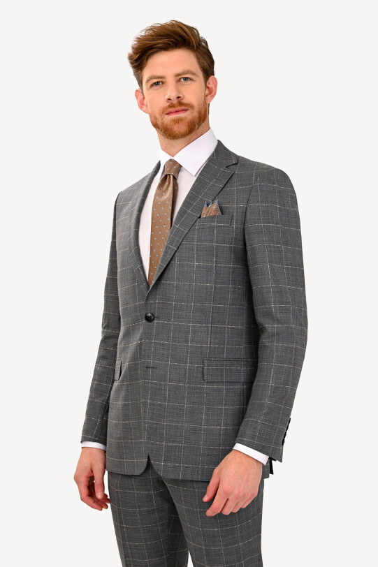 Erkek Gri Regular Fit Çift Yırtmaçlı Takım Elbise