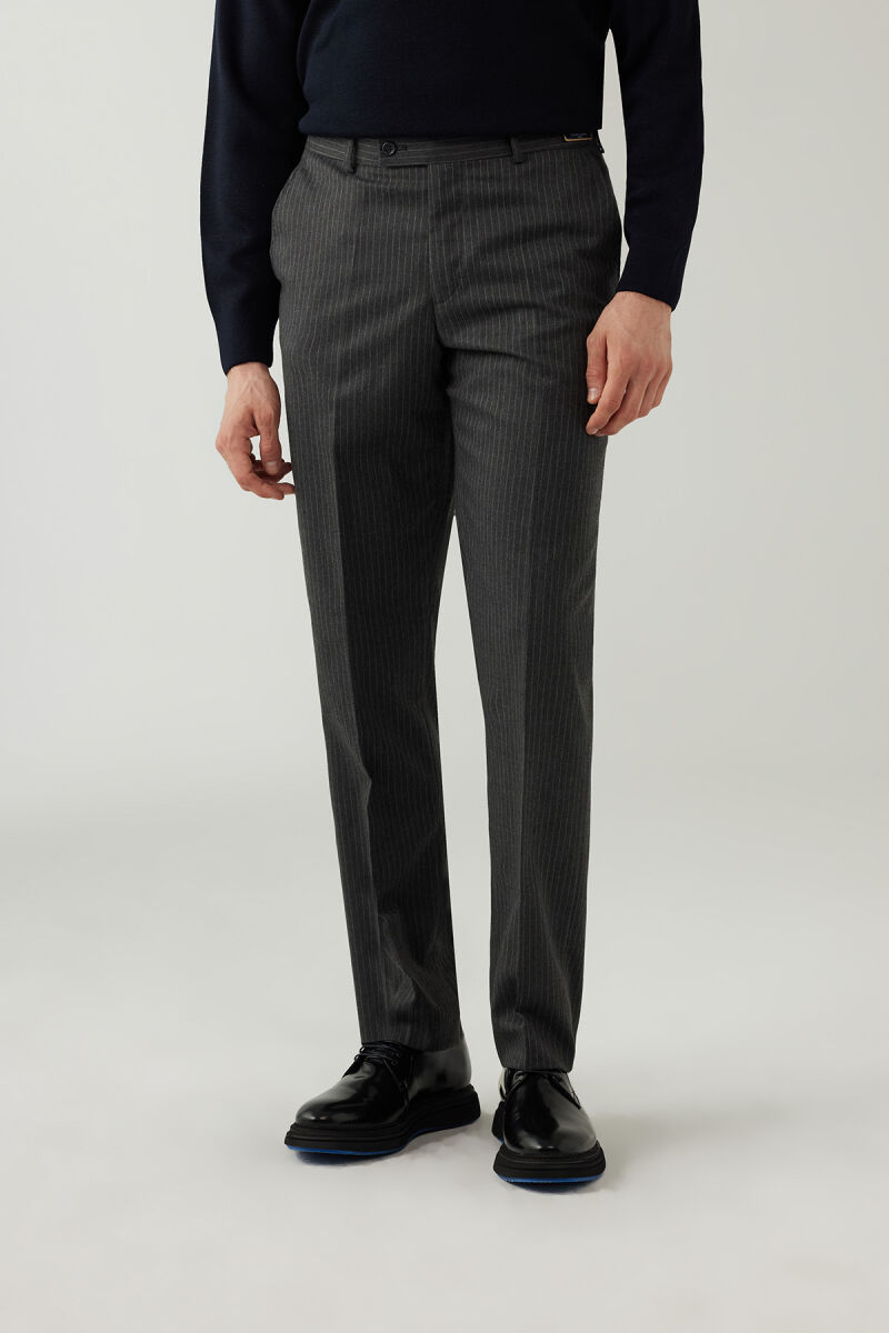 Erkek Gri Regular Fit Çizgili Yün Kumaş Pantolon - 6