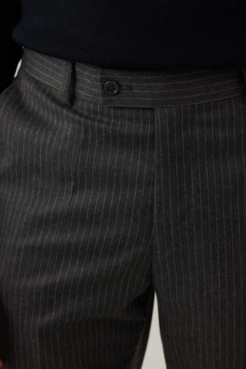 Erkek Gri Regular Fit Çizgili Yün Kumaş Pantolon - 7