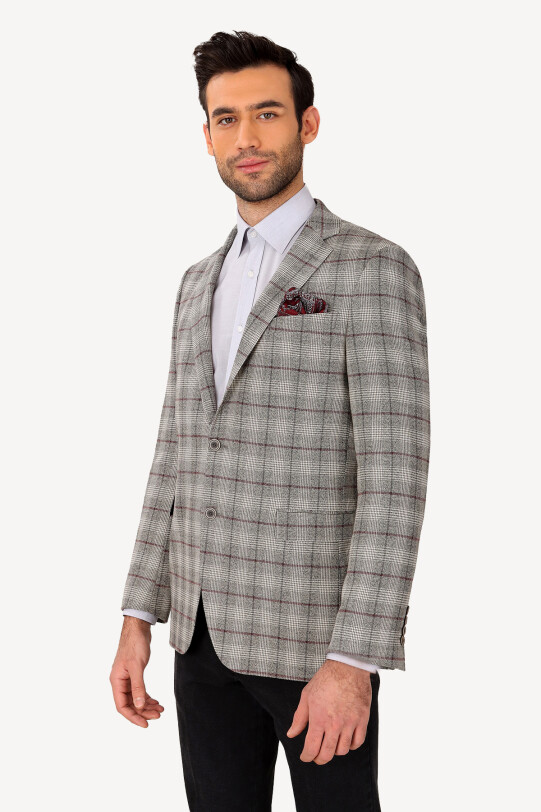 Erkek Gri Regular Fit Ekose Ceket