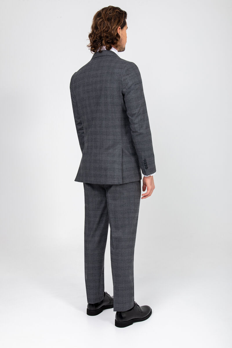 Erkek Gri Regular Fit Ekose Desenli Takım Elbise - 4