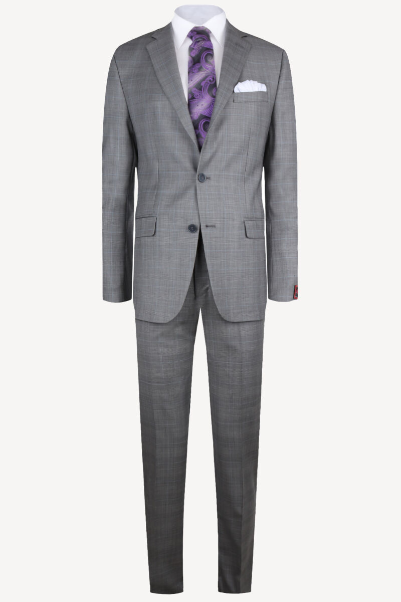 Erkek Gri Regular Fit Ekose Takım Elbise - 1