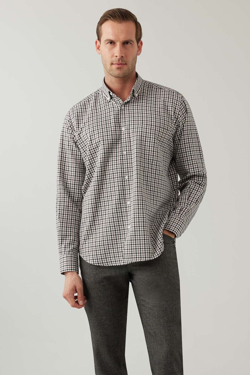 Erkek Gri Regular Fit Kare Desenli Pamuklu Gömlek - 1