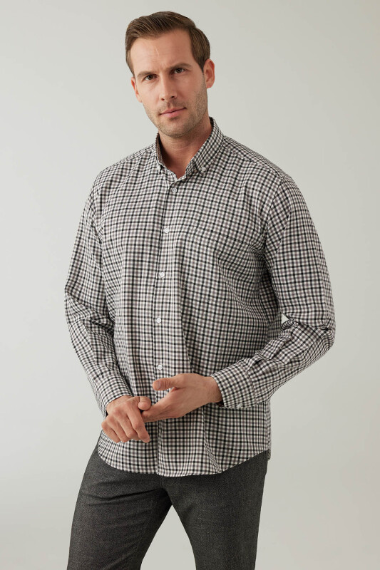 Erkek Gri Regular Fit Kare Desenli Pamuklu Gömlek