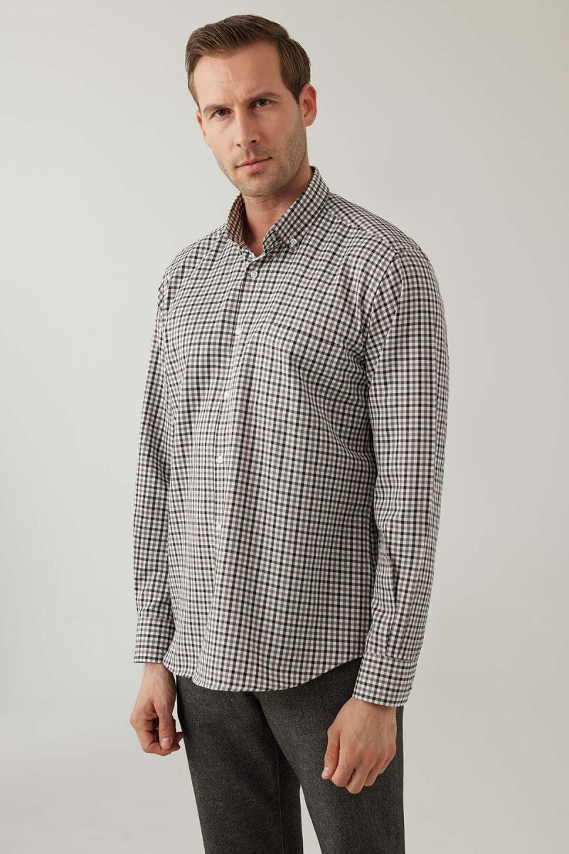 Erkek Gri Regular Fit Kare Desenli Pamuklu Gömlek - 6