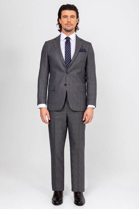 Erkek Gri Regular Fit Kareli Takım Elbise