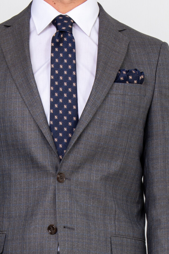 Erkek Gri Regular Fit Kareli Takım Elbise