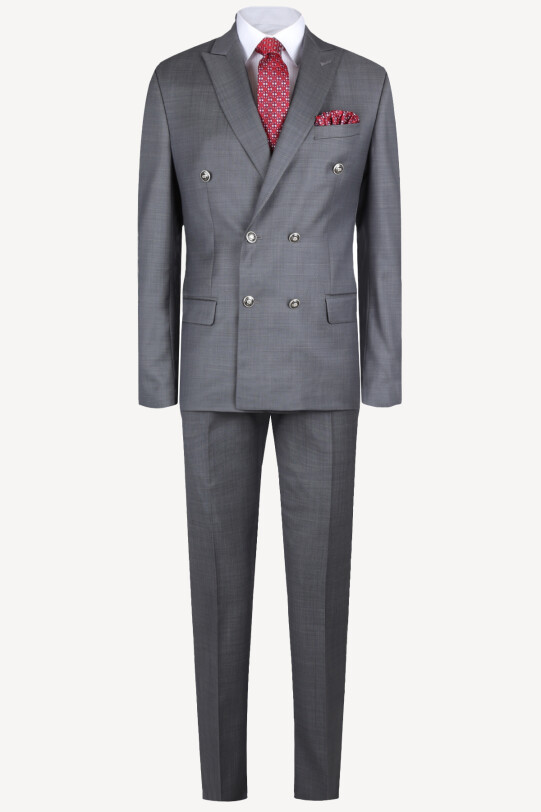 Erkek Gri Regular Fit Kruvaze Takım Elbise - YSF