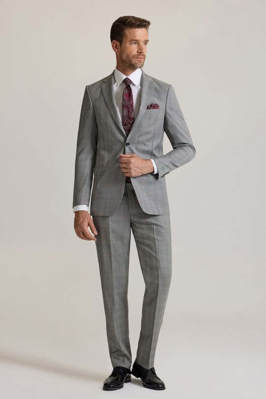 Erkek Gri Regular Fit Mono Yaka Kareli %100 Yün Takım Elbise