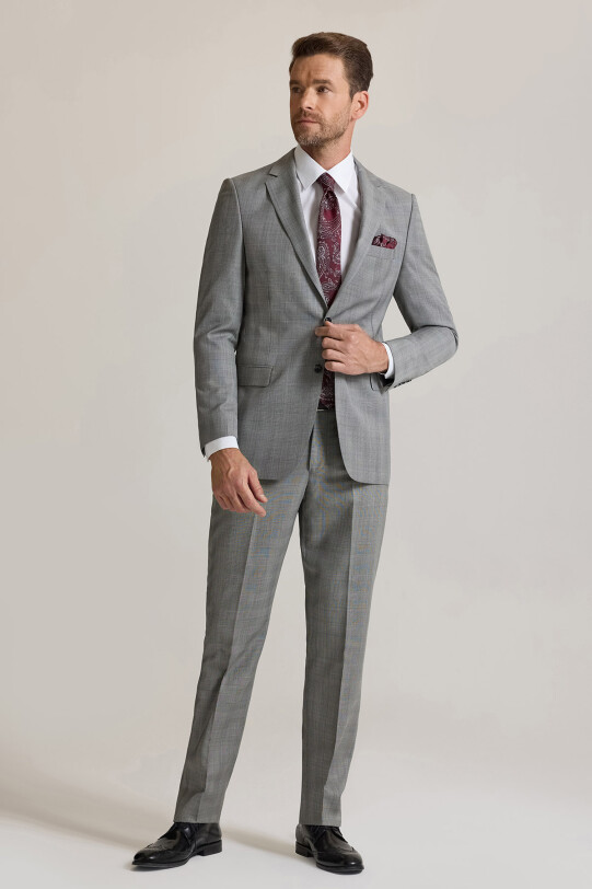 Erkek Gri Regular Fit Mono Yaka Kareli %100 Yün Takım Elbise