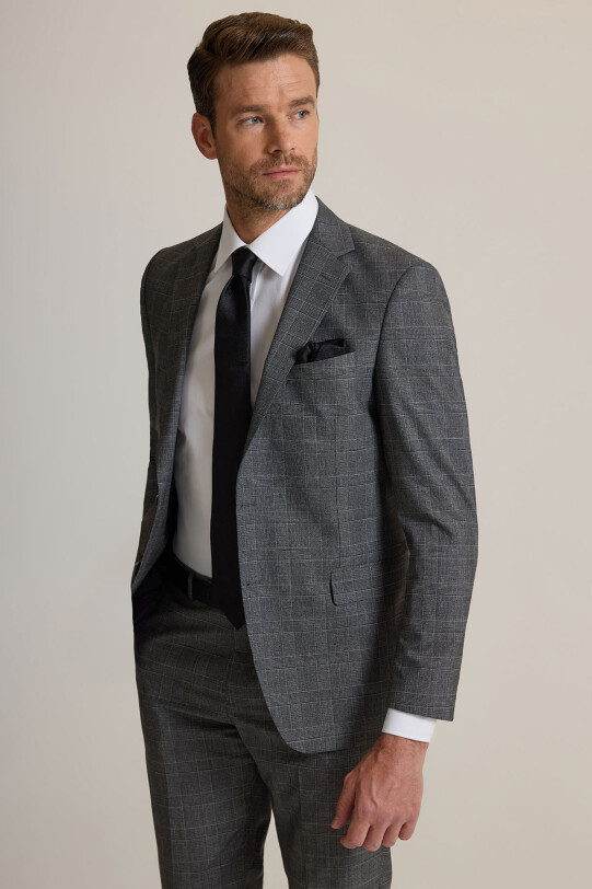 Erkek Gri Regular Fit Mono Yaka Yünlü Takım Elbise