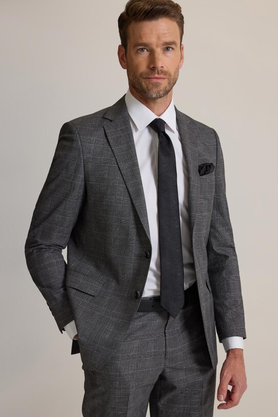 Erkek Gri Regular Fit Mono Yaka Yünlü Takım Elbise