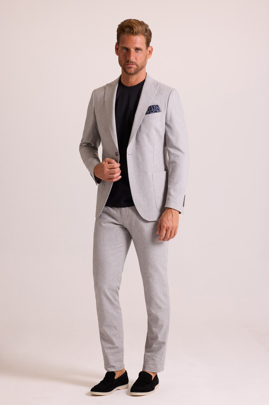 Erkek Gri Regular Fit Sivri Yaka Keten Takım Elbise