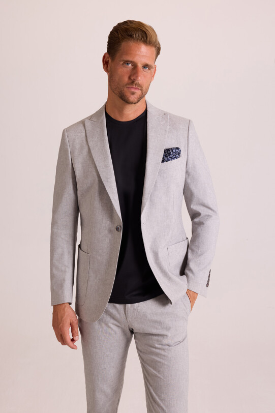Erkek Gri Regular Fit Sivri Yaka Keten Takım Elbise