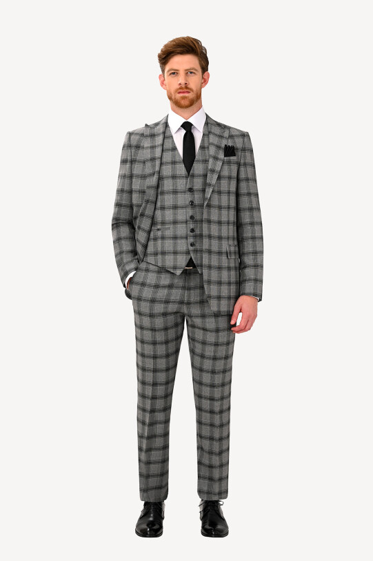 Erkek Gri Regular Fit Sivri Yaka Yelekli Takım Elbise