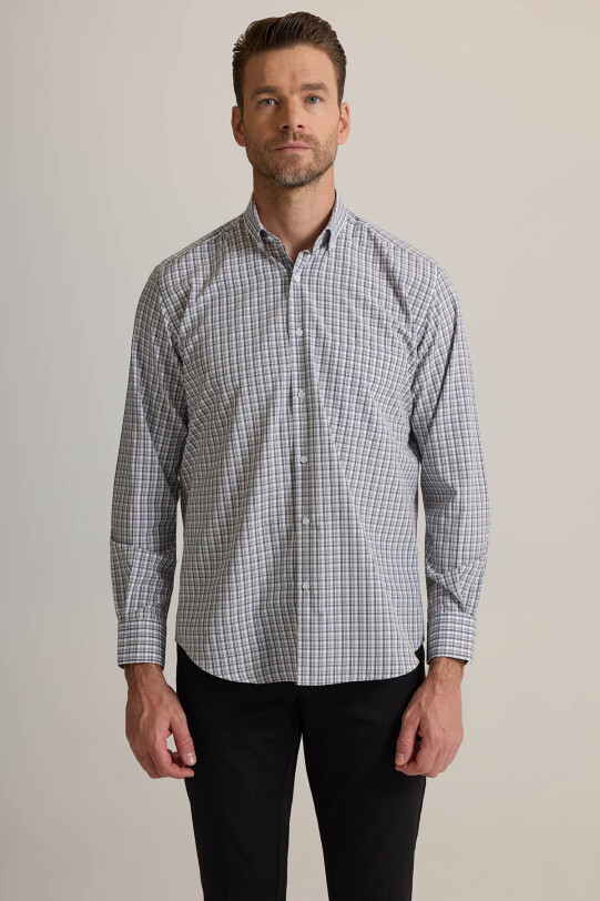 Erkek Gri Regular Fit Yaka Düğmeli Kare Desenli Pamuklu Gömlek
