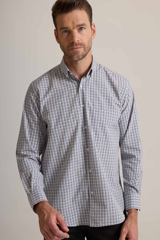 Erkek Gri Regular Fit Yaka Düğmeli Kare Desenli Pamuklu Gömlek