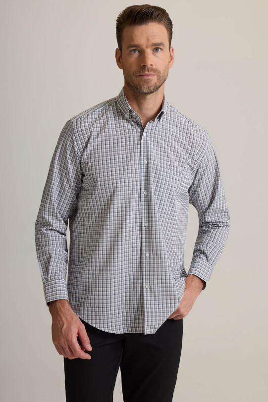 Erkek Gri Regular Fit Yaka Düğmeli Kare Desenli Pamuklu Gömlek