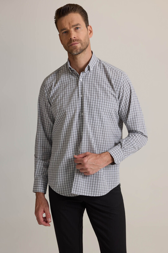 Erkek Gri Regular Fit Yaka Düğmeli Kare Desenli Pamuklu Gömlek