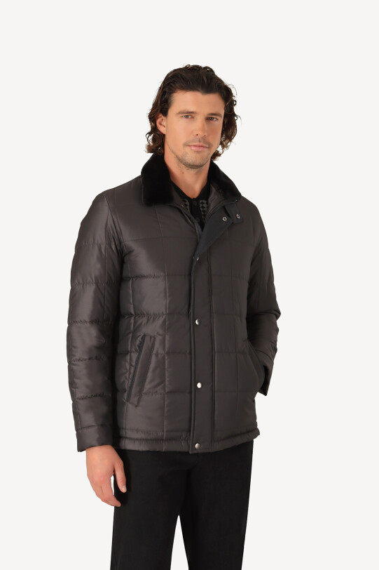 Erkek Gri Regular Fit Yakası Kürklü Desenli Kaban