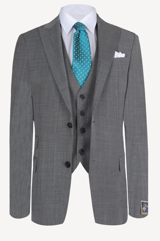 Erkek Gri Regular Fit Yelekli Takım Elbise - YSF (1)