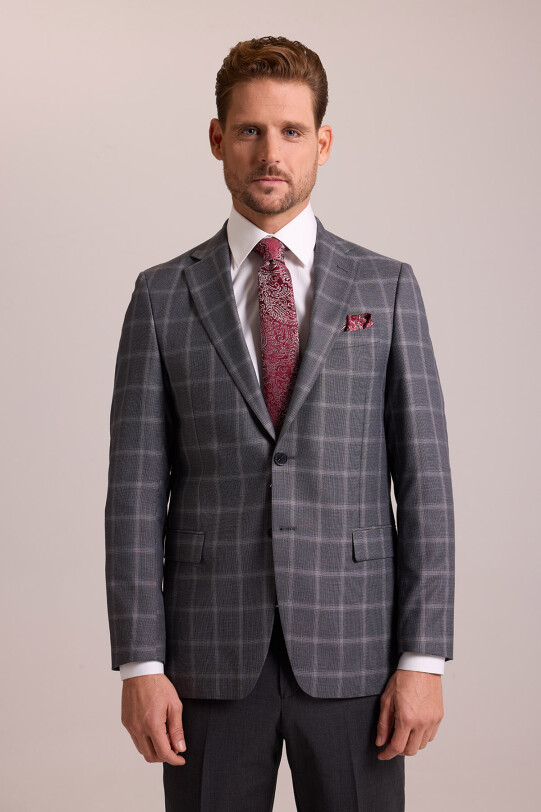 Erkek Gri Regular Fit Yün Ekose Desen Mono Yaka Tek Ceket