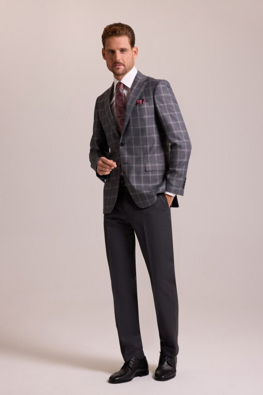 Erkek Gri Regular Fit Yün Ekose Desen Mono Yaka Tek Ceket