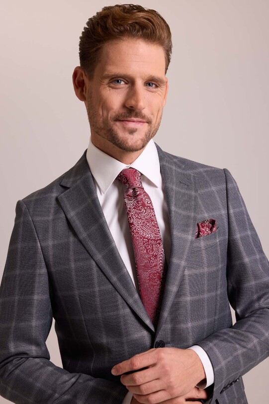 Erkek Gri Regular Fit Yün Ekose Desen Mono Yaka Tek Ceket