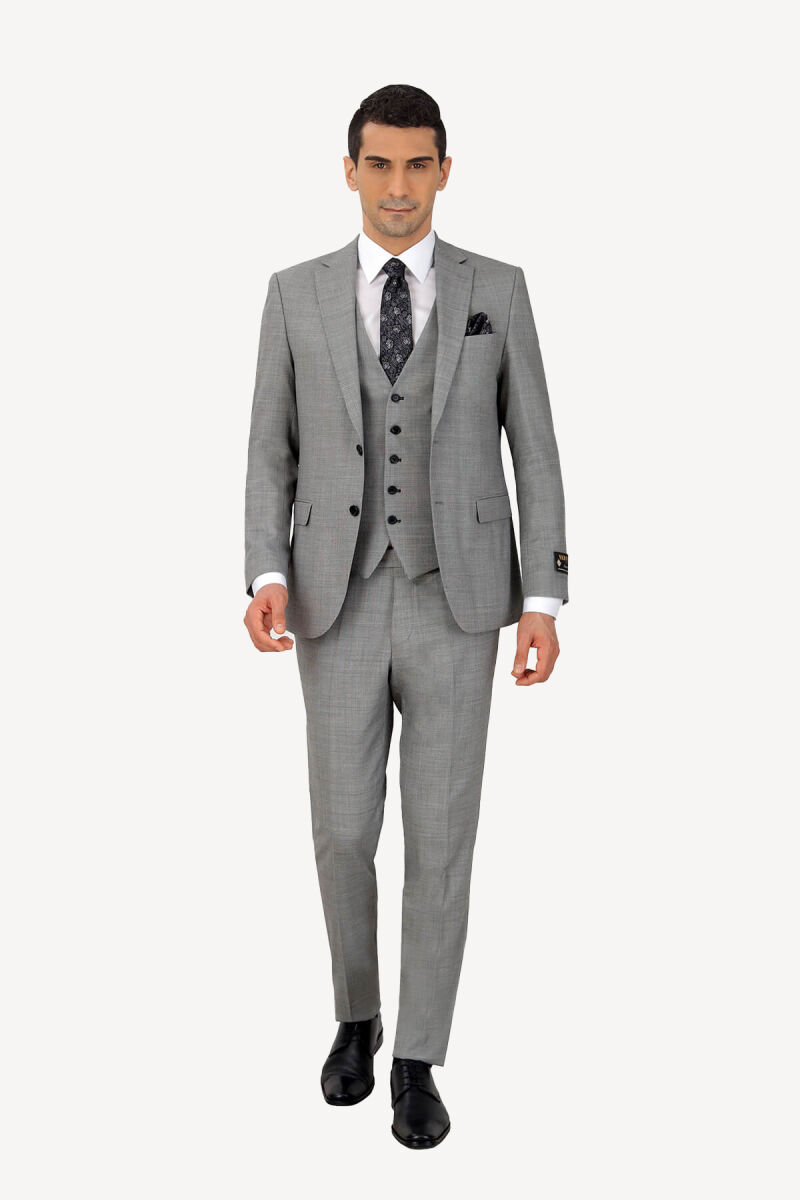 Erkek Gri Silim Fit Yelekli Desenli Takım Elbise - 1